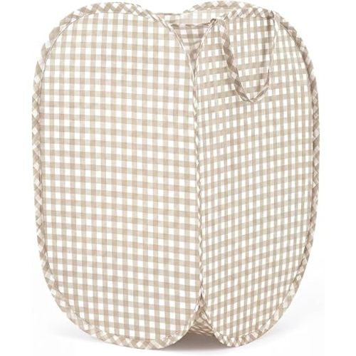 Beige Laundry Basket Pop up Hamper Gingham Basket Waterproof Material 14.57 Inch Laundry Bin for Dirty Clothes Dorm Bedroom Bathroom Nursery Closet Storage