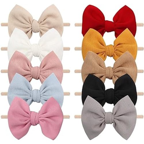 YanJie 4.5'' Nylon Bow Headbands for Baby Girls - Handmade Tied Bows Hair Accessories for Infants and Toddlers - 10 Pieces