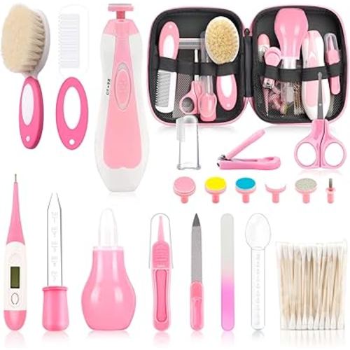 Infant Grooming Essentials: Electric Safety Nail Trimmer, Nasal Aspirator, Hair Brush, Comb, Nail Clipper (27 Piece Safety Care Set for Newborns - Pink)