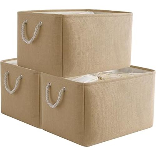 TheWarmHome Organization and Storage Basket for Organizing - 17x14x10 inch 3 Pack Fabric Storage Cubes, Collapsible Storage Bins for Shelves Closet Organizer Toy Gift Cloth (Beige)