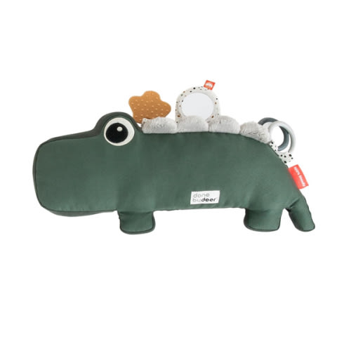 Done by Deer Tummy Time Activity Toy Croco Green - Soft Pillow with Teether, Rings, Mirror, Tags, and Crinkle Sounds for Sensory Exploration & Neck/Back Strength