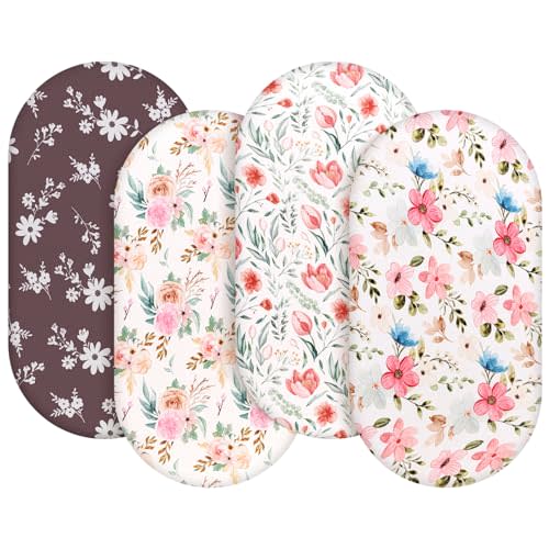 4 Pack Baby Girl Bassinet Sheets Set Soft Fitted Floral or Elephant Theme Baby Girl Mattress Covers Breathable Toddler Bed Sheets for Infant or Newborn Girls (Flower, Bassinet Sheets)