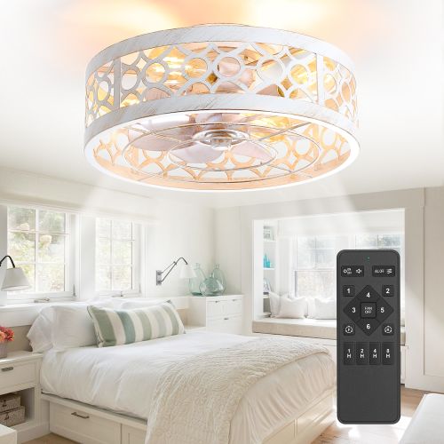 Breezary Enclosed/Low Profile 16.5-in Flush Mount Antique White and Brushed Gold with Matte White Blades Fandelier Ceiling Fan With Light - Remote Included ( 7 -Blade )