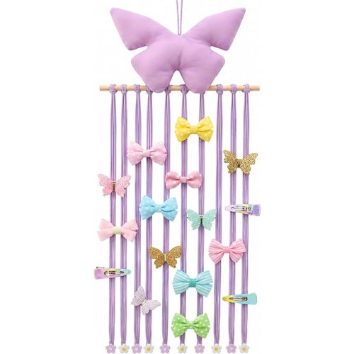 Suncalla Long Bow Holder for Girls Baby Pink Purple Butterfly Hair Bows Clip Organizer 31.5 Inch Baby Hair Accessories Storage Display Hanging Decor for Girls Nursery Room Bedroom Living Room