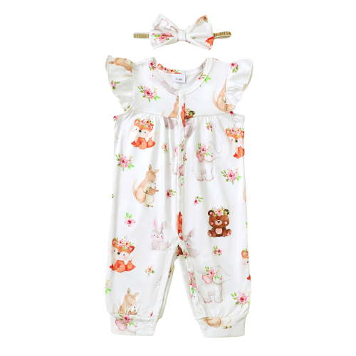 Actgleam Baby Girl Romper Ruffle Sleeveless Animal Print Cute Jumpsuit,Light Brown Zoo,6-9M