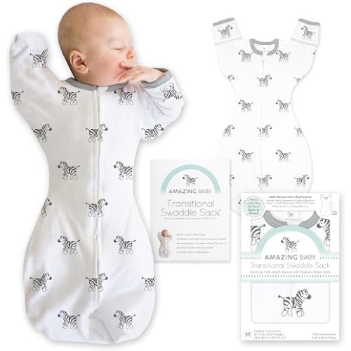 Amazing Baby Transitional Swaddle Sack, Arms Up Half-Length Sleeves & Mitten Cuffs, Swaddle for Newborn Transition to Baby Sleep Sack Wearable Blanket, Medium, 3-6 Month, 14-21 lb, Little Zebra