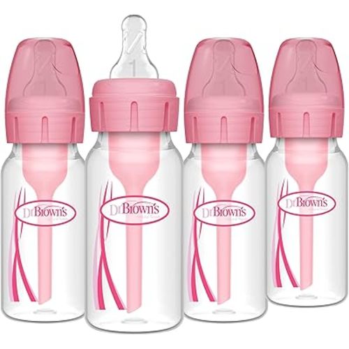Dr. Brown's Natural Flow Anti-Colic Options+ Narrow Baby Bottle, 4 oz/120 mL, with Level 1 Slow Flow Nipple, Pink, 0m+, 4 Pack