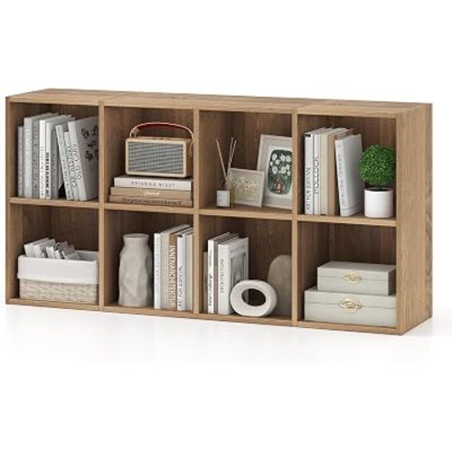 Giantex 8-Cube Bookcase, 3-Tier Cubby Bookshelf, Horizontal Vertical Display Rack with Anti-Tipping Kits, Modern Storage Organizer Shelf Unit for Bedroom, Living Room, Study (Natural, 8-Cube)