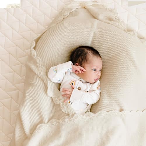 MakeMake Organics Organic Baby Blanket GOTS Certified Organic Cotton Baby Blanket Newborn Modern Knit Blanket Breathable Unisex Boy Girl Stroller Blanket (30x40, Vanilla)