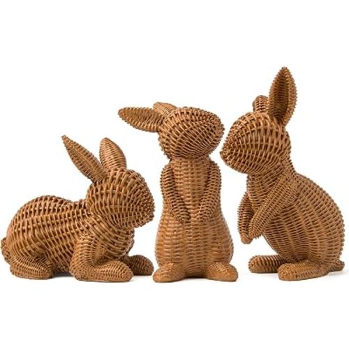 JOYIN 3 PCS Easter Bunny Resin Decorations, Rattan-Look Realistic Bunny Rabbit Figurines for Home Tabletop Spring Decor Vintage Table Ornaments.