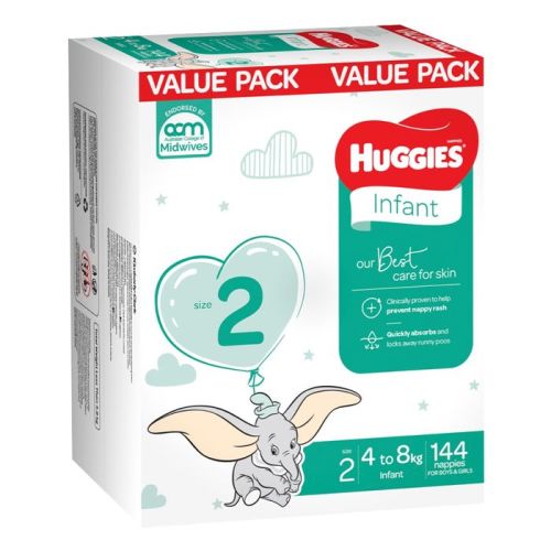 Huggies Nappies Mega Infant Size2 - 144 Pack | Disposable | Baby Bunting AU