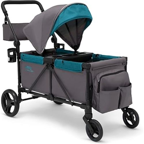 Jeep Sport All-Terrain Stroller Wagon by Delta Children - Includes Canopy, Parent Organizer, Adjustable Handlebar, Snack Tray & Cup Holders, Grey/Blue Moon