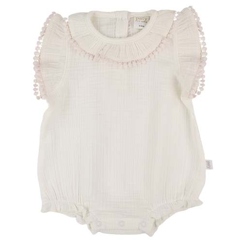 Paty Organic Cotton Muslin Baby Girl Bubble with Pom Trim