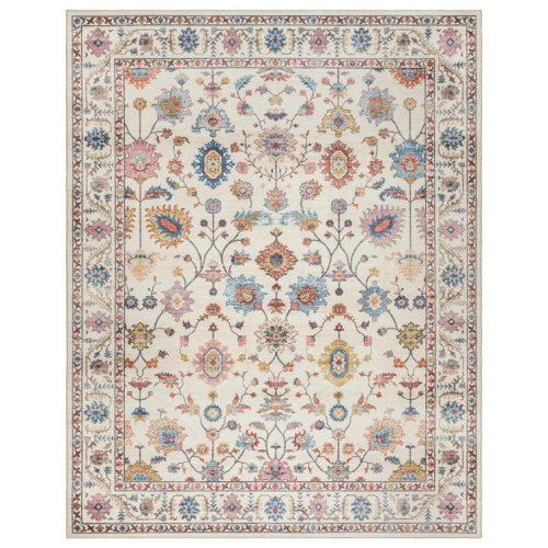 Cullen Machine Washable Floral Border Ivory Samira Cream Pink Multi Indoor Area Rug, Transitional Flat Pile for Living Room & Bedroom