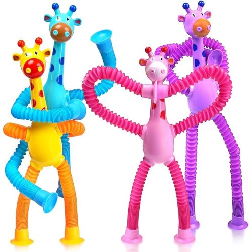 Giraffe Sensory Travel Toys 4Pcs for Roadtrip Car Ride Airplane Toddler Girl Year Old Ages 2 3 4 5 6 7 8, Suction Autism Pop Tube Fidget Toy Autistic Valentines Day Stocking Easter Basket Stuffer Gift
