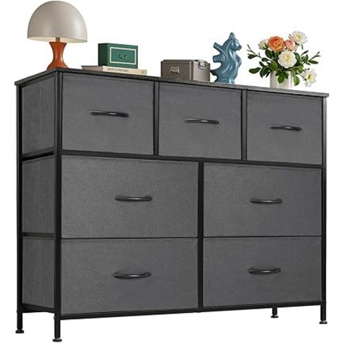OLIXIS 7 Drawers Dresser for Bedroom, Fabric Storage Tower for Living Room, Entryway - Sturdy Steel Frame, Wooden Top & Easy Pull Fabric Bins, Closet Chests Organizer for Clothes, Classic Grey
