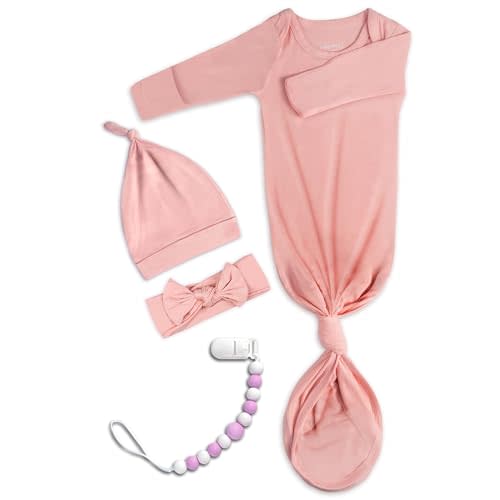 Newborn Baby Knotted Gown, Super Soft Silky Infant Long Sleeve Sleeper with Mittens and Hat & Bowknot Set (Extra Long)