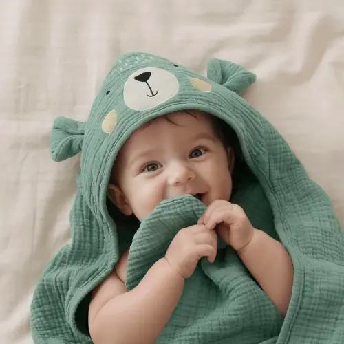 Blissful Diary Muslin Baby Hooded Towel, Soft and Absorbent Bath Towel for Newborn, Infant, Toddler, Unisex, 32″x32″ - Smart Bear