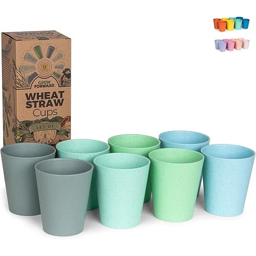 Grow Forward Premium Kids Plastic Cups - Set of 8 Unbreakable BPA Free Reusable Wheat Straw 13 oz Drinking Glasses for Water, Smoothie - Dishwasher Safe Small Tumblers for Kitchen - Rainforest