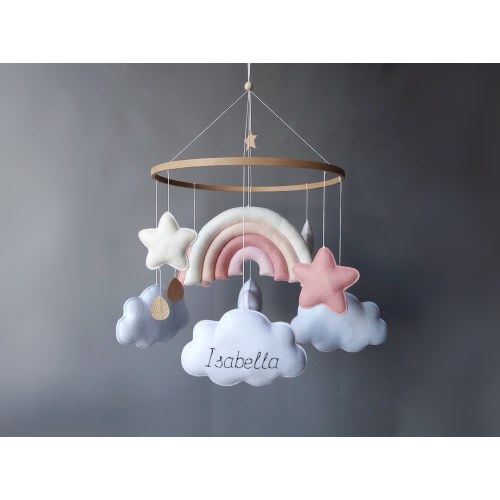 Baby mobile girl Rainbow crib mobile Cloud nursery mobile musical for baby girl boho nursery decor Felt pink milky stars cot mobile hanging