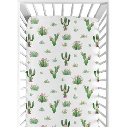 Sweet Jojo Designs Girl Baby Fitted Crib Sheet Cactus Floral Pink Green And White