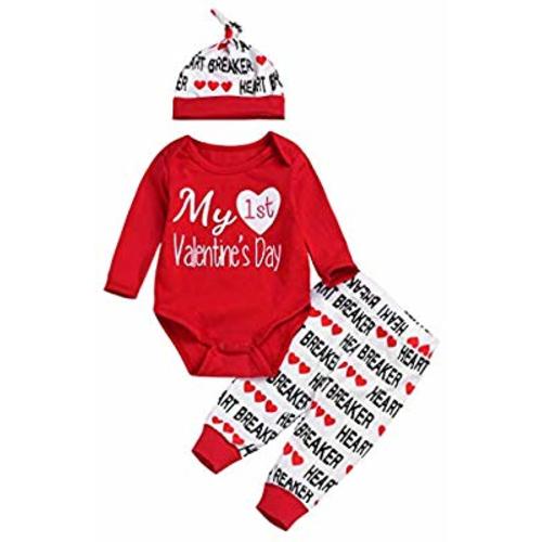Infant Baby Boy Girl Clothes Romper Pants Hat 3PCS Valentine's Outfits Set - 6-12 Months