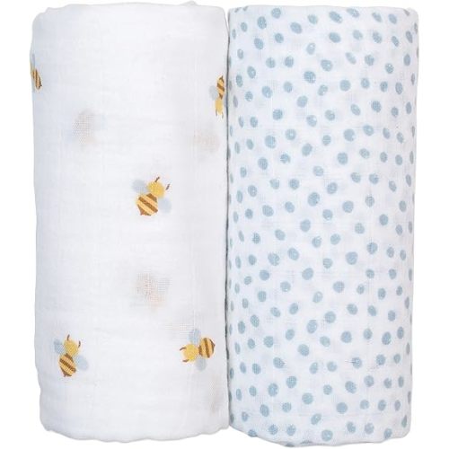 lulujo Baby Swaddle Blankets | Unisex Softest Breathable Cotton Muslin Swaddle Blanket Set | Neutral Receiving Blanket for Girls & Boys | 40in x 40in | Bees & Dots | 2-Count