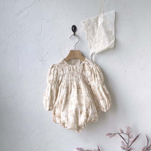 Baby Smocked Bodice Bubble Romper (3-18m) - Beige Botanic
 – AT NOON STORE