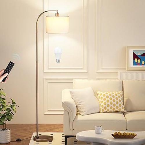 Ambimall Arc Floor Lamp with Remote and Stepless Dimmable Bulb, Colors Temperature & Brightness Adjustable, Floor Lamps for Living Room（White Shade & Brown Pole）