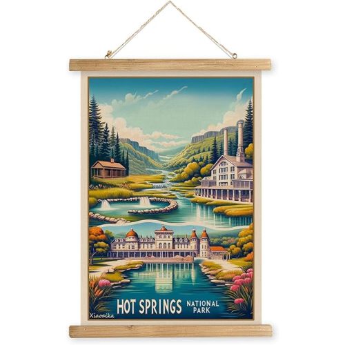 XIAOAIKA Vintage Hot Springs National Park Travel Poster with Wooden Scroll Frame – Holiday Decoration or Gift for Living Room, Bedroom, Office Wall Decor, Retro Art Print 16 x 23 Inches