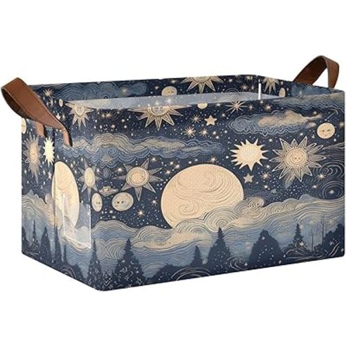Kigai Stars and Moon Storage Basket with Handles Collapsible Fabric Storage Bins Kid Toy Basket Closet Organizer Foldable Decorative Boxes for Nursery Bedroom Office