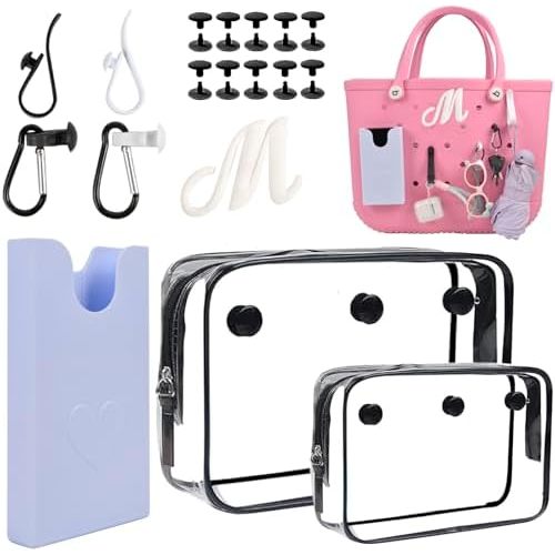 8 PCS Beach Bag Accessories Set for Bogg Bag, Silicone Phone Holder, 2 Clear Bag Insert Pouch, 4 Key Chain Hooks and Carabiners, Letter Charms Attachment, Compatible for Small & Large Beach Tote Bags