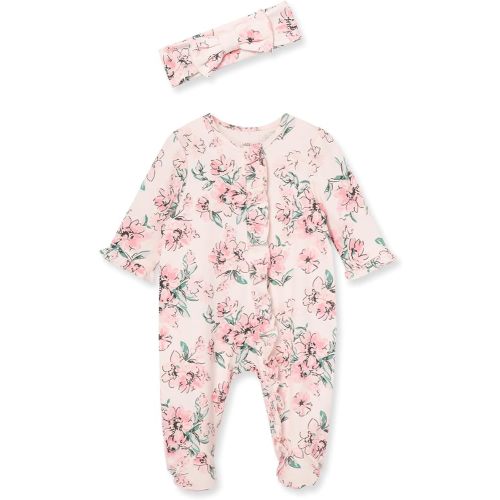 Little Me Baby Girls 100% Cotton 2-piece Zipper Closure Footie and Headband Set