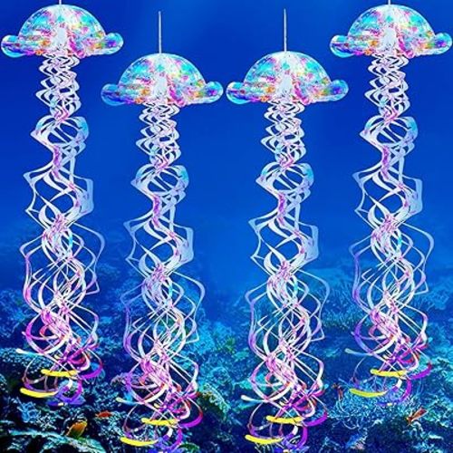 Nezyo 4 Pieces Glitter Iridescent Jellyfish Under The Sea Mermaid Party Decorations Hanging Jelly Fish Decor Ocean Theme Blue Birthday Wedding Baby Shower Party Supplies