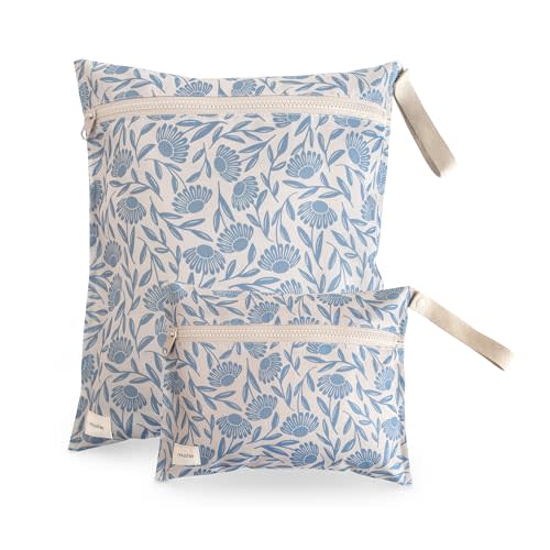 mushie Water Resistant Wet Bags | Large & Small Reusable Storage Bag for Baby Items and Travel | Zippered Pockets with Handle | Machine Washable, Set of 2 (Blue Flowers)