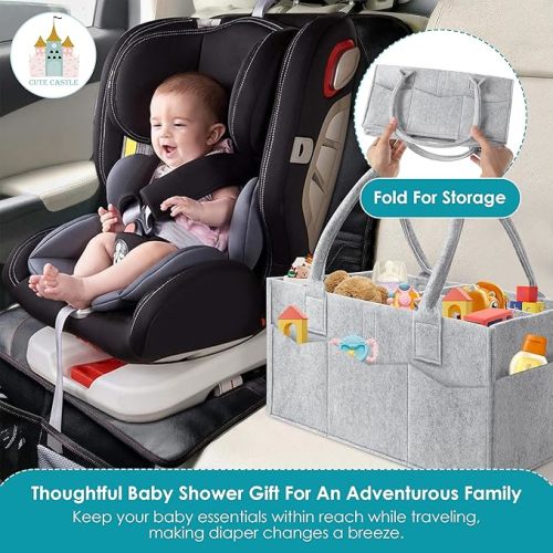 Cute Castle 2 Pack Diaper Caddy Organizer - Portable Baby Caddy Organizer with Handle, Nursery Storage Bin and Car Organizer for Girls, Boys - Baby Gift Basket - Grey - Regular