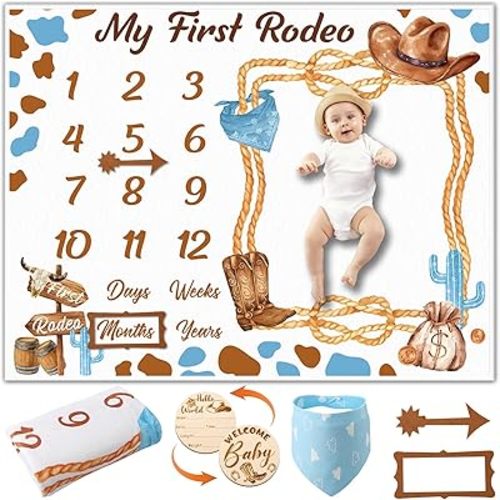 Cowboy Baby Milestone Blanket Western Theme Cow Print Baby Growth Chart Blanket for Boy Newborn My First Rodeo Birthday Party Supplies