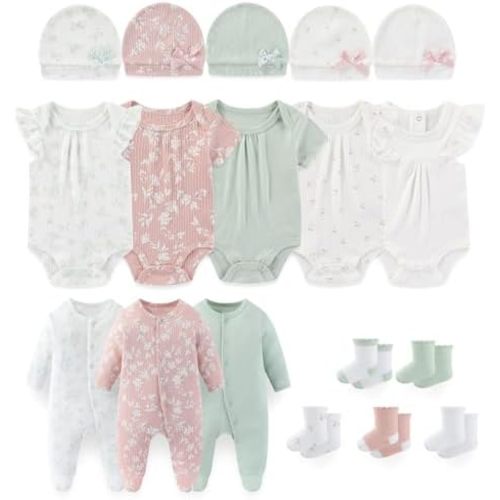 Baby Boy Girl Layette Set 18 Piece Infant Essentials Must Haves Clothes 0-12 Month Rompers+Bodysuits+Hats+Socks