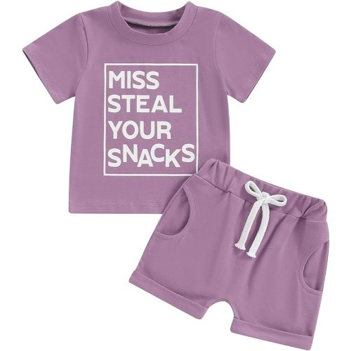 Toddler Baby Girl Summer Clothes Miss Steal Your Snacks Short Sleeve Tops Solid Color Shorts Set Cute Infant Outfit