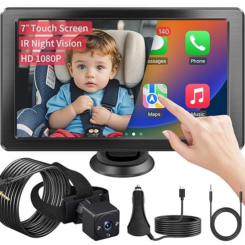 7" HD Touchscreen Baby Car Camera - Car Baby Monitor with Apple CarPlay, 1080p Ultra Night Vision, Invisible Infrared Lights, 150° Wide Angle, Easy Installation, Fits Most Cars