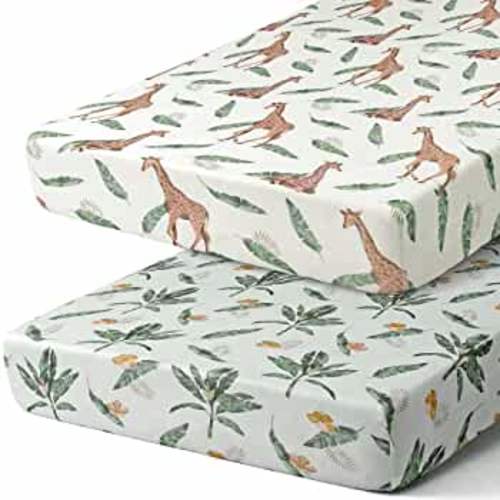 Stretchy Crib Sheets Set BROLEX 2 Pack Portable Crib Mattress Topper for Baby Boys Girls,Ultra Soft Jersey Knit,Giraffe Leaf