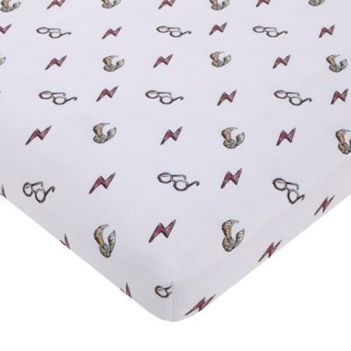 Nojo Warner Bros. Harry Potter White, Red, And Gold Lightning Bolt, Golden Snitch And Glasses Nursery Fitted Mini Crib Sheet