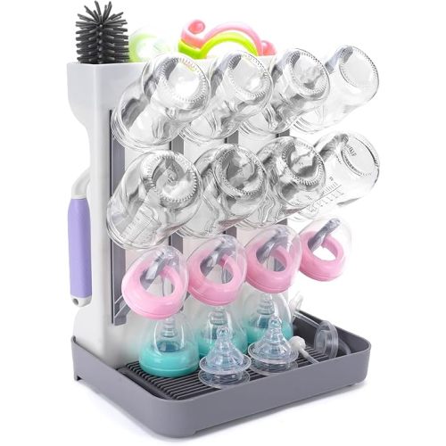 Baby Bottle Drying Rack, Space Saving Vertical Bottle Drying Holder with Brushes Holder - Large Bottle Storage Holder Organizer 12 Bottles & Baby Accessories,BPA-Free, Gray