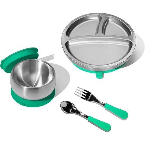 Avanchy Toddler Feeding Bundle – Stainless Steel Divided Plate, Bowl, Fork & Spoon with Suction, BPA-Free, Dishwasher Safe, Unbreakable, Non-Toxic – Green