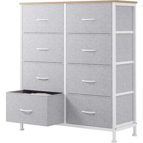 Sweetcrispy 8 Drawer Fabric Dresser for Bedroom, Tall Dresser, Light Grey