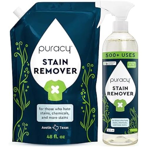 Puracy Stain Remover, Natural Based Travel and Laundry Stain Cleaner for Clothes, Baby Essentials, Kids Stains, Oil and Fabric Spot Cleaner, Unscented (Stain Remover Spray and Refill, 64 fl oz)