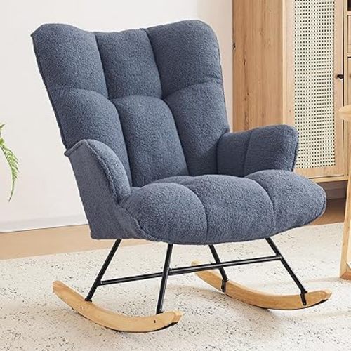 Rocking Chair Nursery Teddy Upholstered Glider Rocker Rocking Accent Chair Padded Seat with High Backrest Armchair Comfy Side Chair for Living Room Bedroom Offices (Dark Blue Teddy)