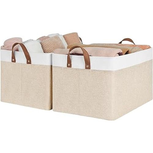 StorageWorks Storage Bins, Fabric Storage Bins for Shelves, Extra Large Storage Baskets with Metal Frame, Closet Baskets and Bins with Handles, Jumbo, Brown and White, 2-Pack