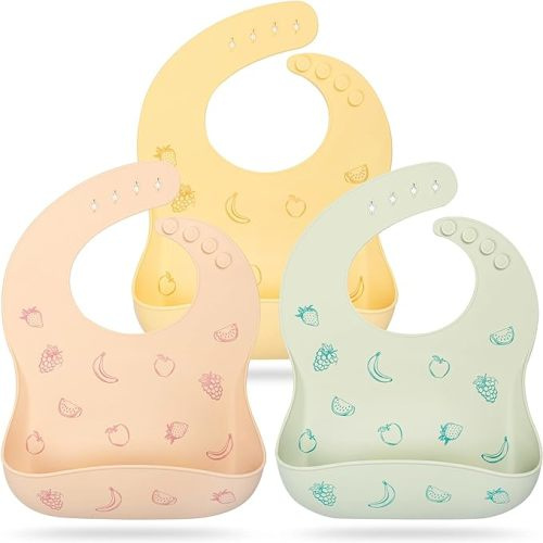 Mia Li Silicone Bibs – 3pcs Waterproof Silicone Bib Set – Silicone Baby Bibs with Adjustable Closure – Non-Messy Toddler Bib - Fruit - Sand, Sage, Honey