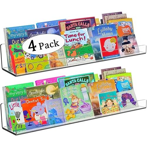 Acrylic Floating Wall Shelves 4 Pack Kids Bookshelf 24 Inch, Wall Mounted Invisible Ledge Shelf, Spice Rack, 4MM Thick Clear Bathroom Storage Shelves Display Organizer Toy Picture